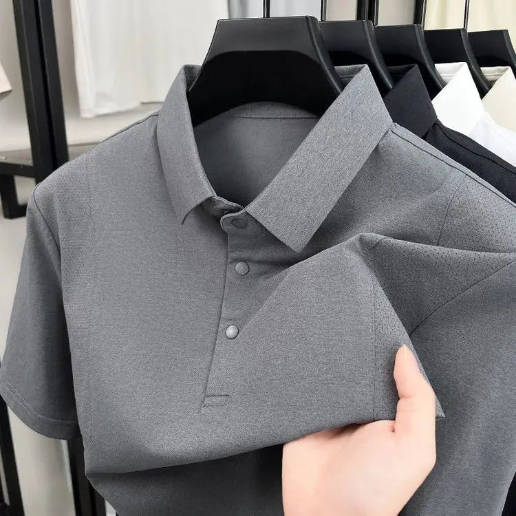 Men's Polo Shirt Short Sleeves Casual Patchwork Mesh Breathable Lightweight Button T-shirt Thin Solid Business Sporty T Shirt