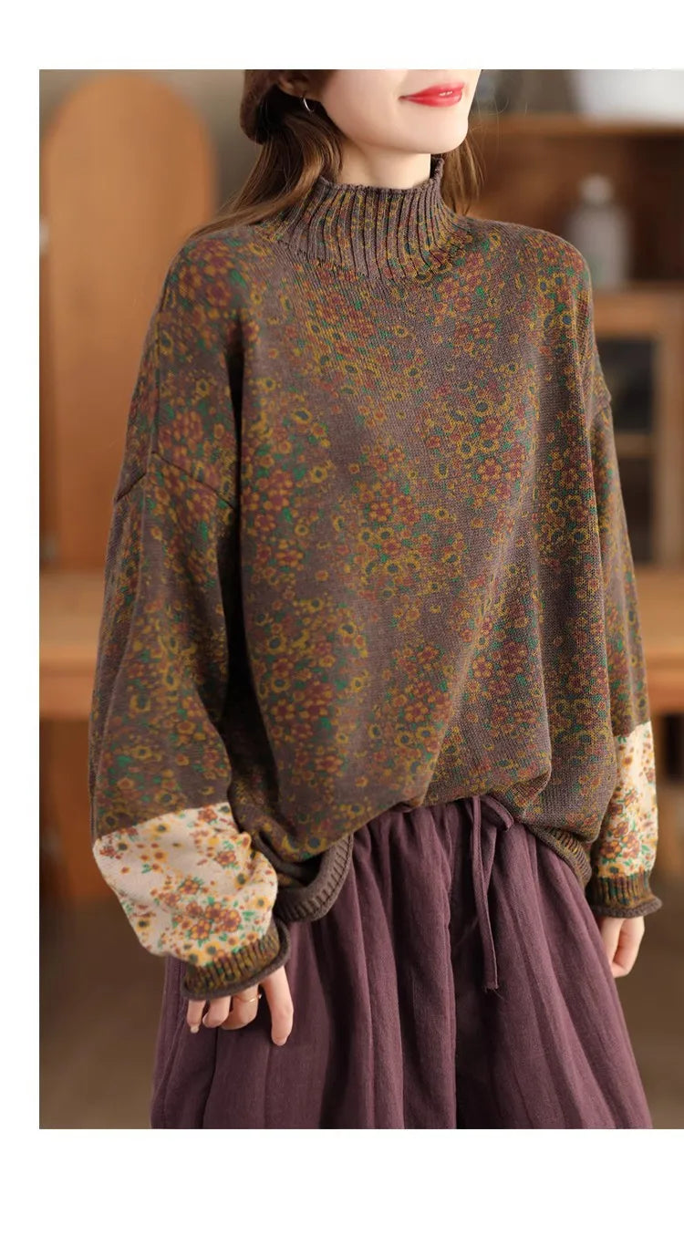 Winter Fall Fashion Vintage Floral Printed Half-turtle Neck Sweater for Women 2025 New Fashion Long Sleeve Loose Casual Knitwear