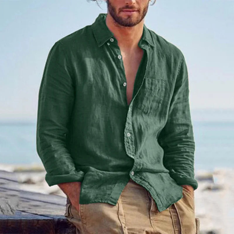 Men's Cotton Poly Linen Long Sleeve Shirt Summer Breathable Button Down Casual Loose Shirt With Chest Pocket Beach Vacation Tops