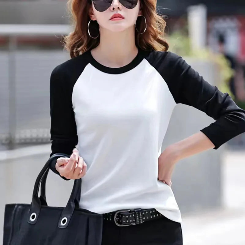 Long Sleeve T-shirt Womens Y2k Clothes Autumn Winter Harajuku Casual Tops Solid Color Stitching Elegant T-shirts for Women 2025
