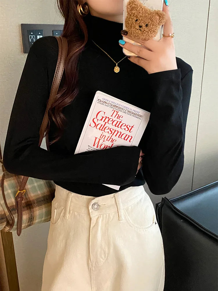 Winter Women Classic Basic Turtleneck Tops Lady Comfortable Thermal Long Sleeve Clothes Female Retro Versatile Elastic Pullover