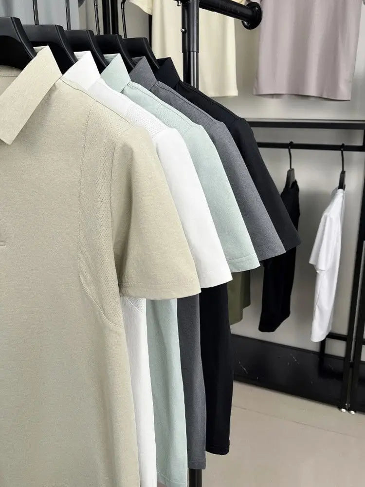 Men's Polo Shirt Short Sleeves Casual Patchwork Mesh Breathable Lightweight Button T-shirt Thin Solid Business Sporty T Shirt