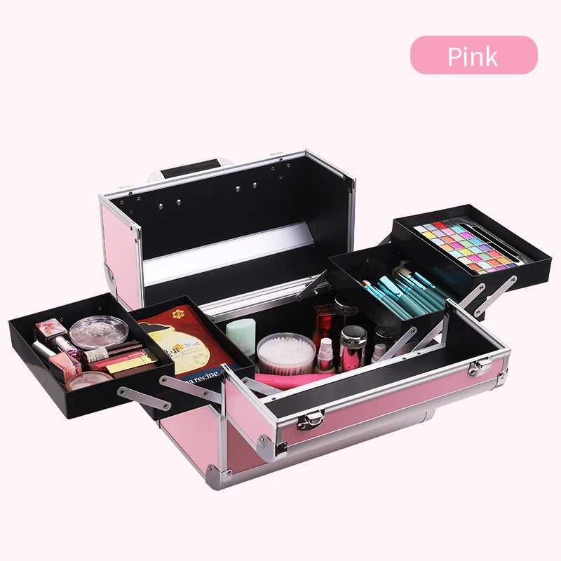 Makeup train case large portable cosmetic cases 4 trays professional makeup storage organizer box make up box