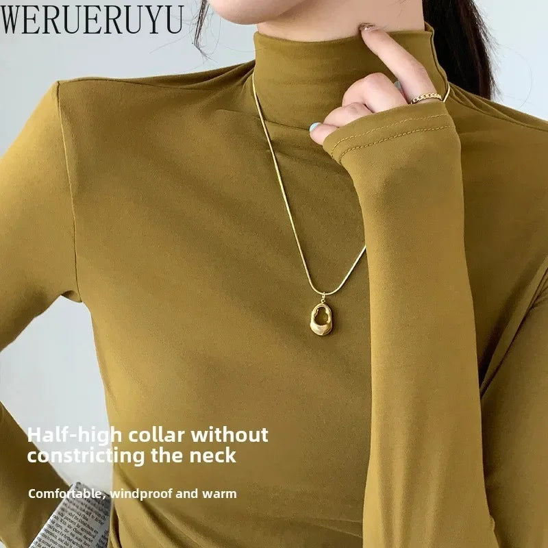 Turtleneck Elastic T-shirts for Women Y2k Clothes Long Sleeve White Tops Autumn Winter Casual Solid Color Slim Women T-shirt New
