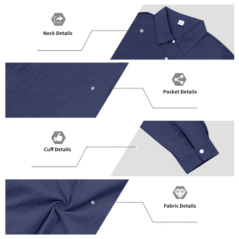 Casual Men's Loose Linen Lapel Pocket Button Casual Vacation Solid Color Long Sleeve Shirt Men's