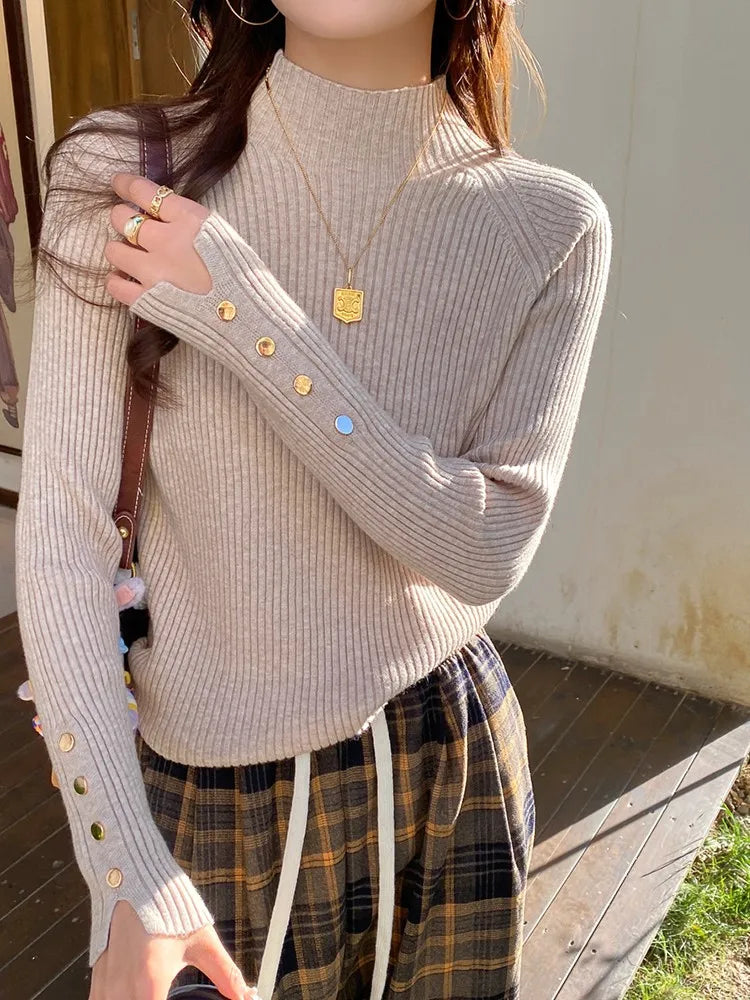 2026 Autumn Winter Sweater Women Pullovers Long Sleeve Tops Clothes Slim Knit Soft Jumper Streetwear Button Turtleneck Sweater