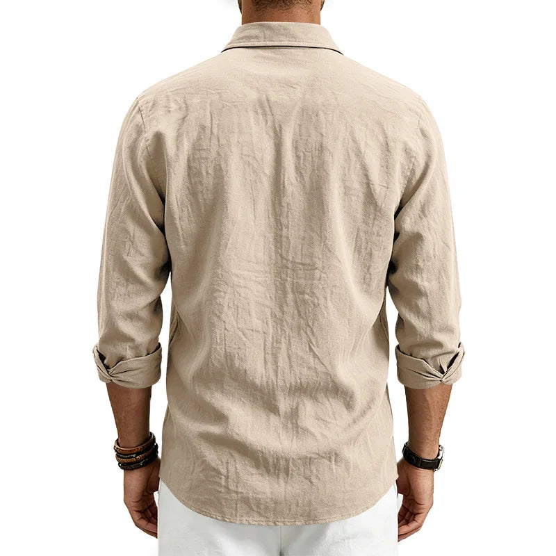 Casual Men's Loose Linen Lapel Pocket Button Casual Vacation Solid Color Long Sleeve Shirt Men's
