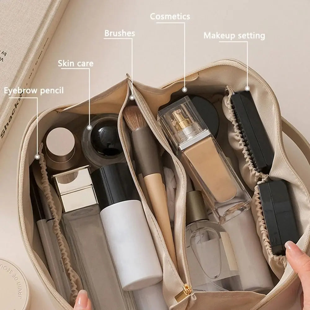 Portable Large Capacity Makeup Travel Cosmetic Bag Organizer with Brushes Slots Dividers Multifunction Storage Case