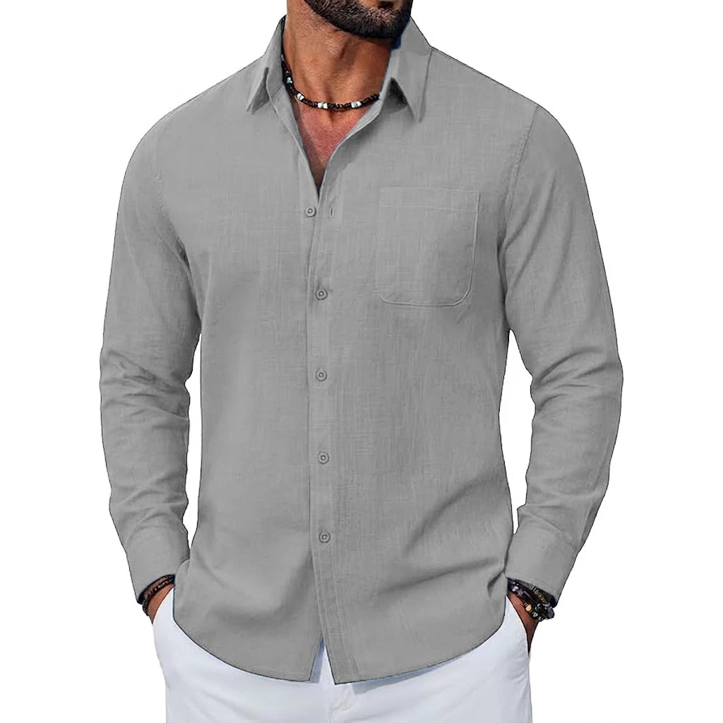 Mens New Premium Long Sleeve Linen Shirts Breathable Cotton Tops Elegant Lapel Button Hawaiian Tees Perfect Wear for Modern Men