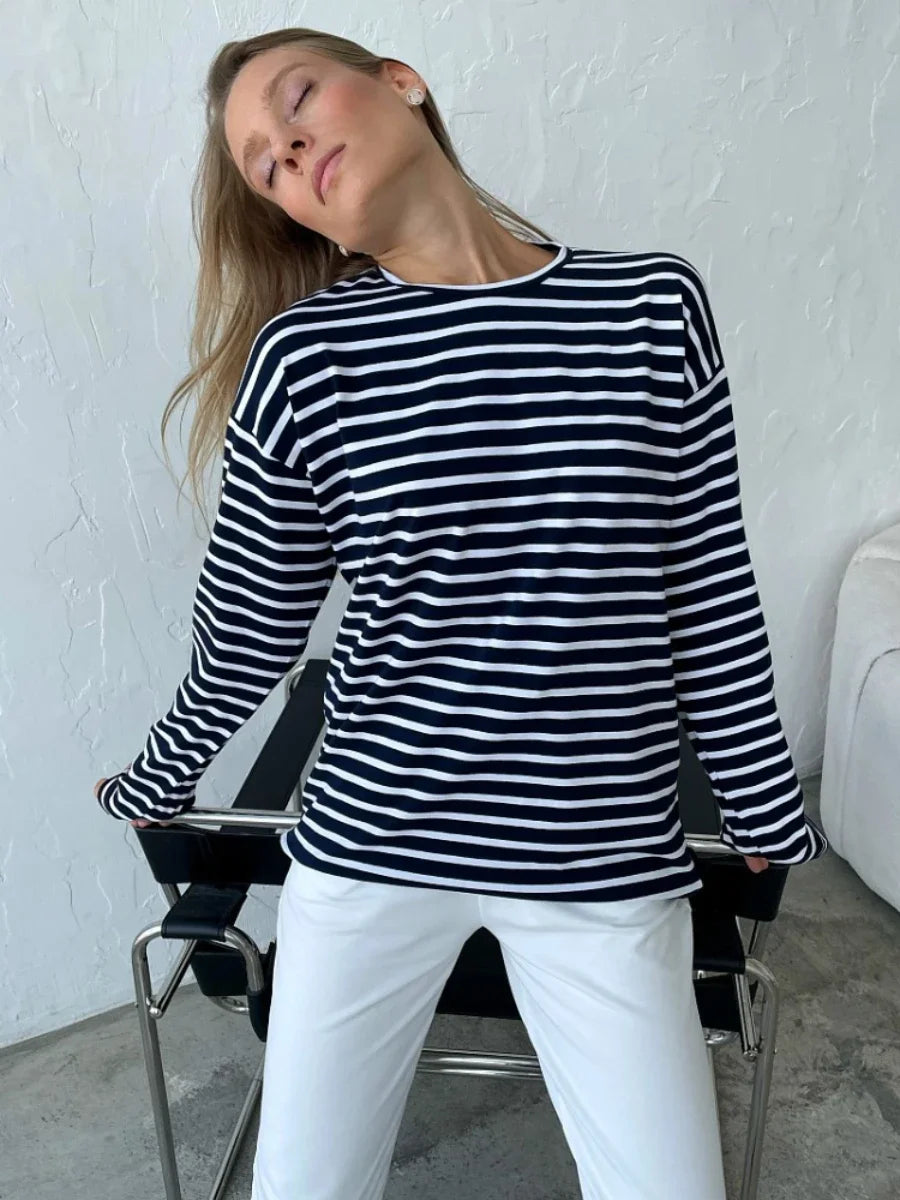 Wolfeel 2025 Summer Long Sleeve Striped T-Shirts Women Basic Casual Tops Female Cozy Loose Cotton Tees Harajuku T Shirt New