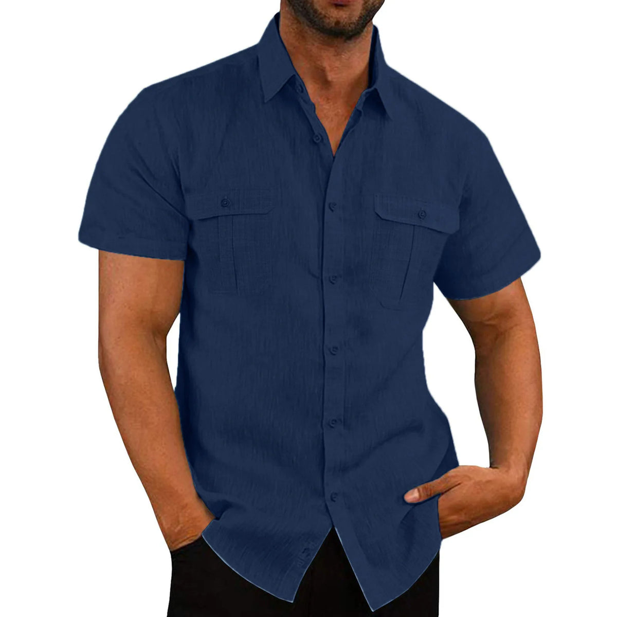 Men's Short Sleeve Linen Shirt - Casual Summer Style with Dual Pockets and Button-Down Front