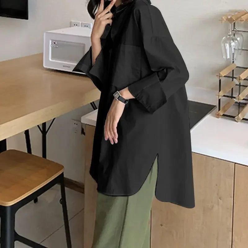 2025 Summer Fashion Women Shirts White Tunics Blouse Long Sleeve Top Casual Solid Button Loose Tops