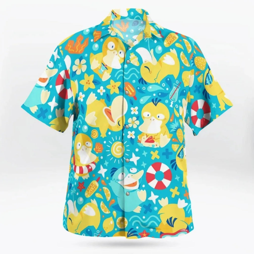 New Summer Men's Short Sleeved Shirt Cartoon Duck Print Breathable Sweating Seaside Vacation Casual Shirt