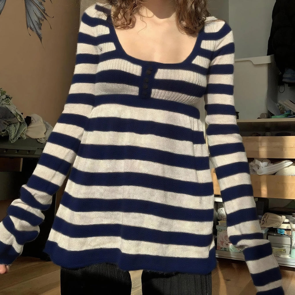 Womens Knit Long Sleeve Black White Horizontal Striped Tee Shirt Scoop Neck Casual Fall Fashion Going Out Tops