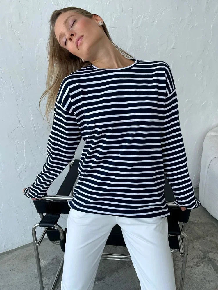 Wolfeel 2025 Summer Long Sleeve Striped T-Shirts Women Basic Casual Tops Female Cozy Loose Cotton Tees Harajuku T Shirt New