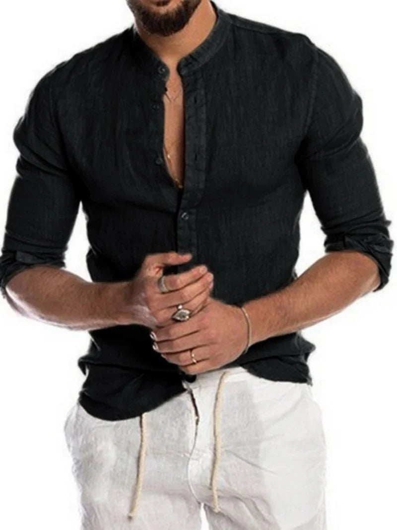 Men's Long Sleeve Linen Blend Button Down Shirt with Stand Collar Casual Lightweight Summer Top