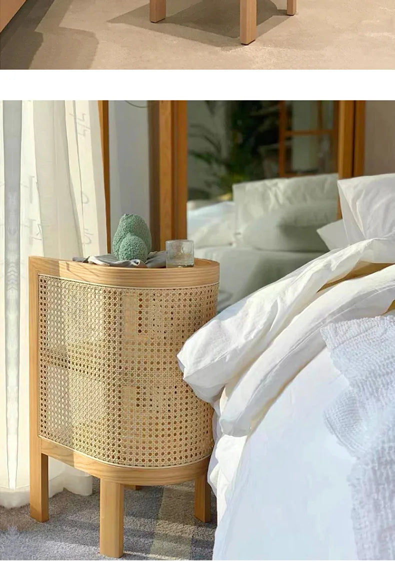 JOYLIVE Modern Minimalist Style Creative Home Homestay Hotel Bedroom Solid Wood Rattan Bedside Table Edge Cabinet Drop-shipping