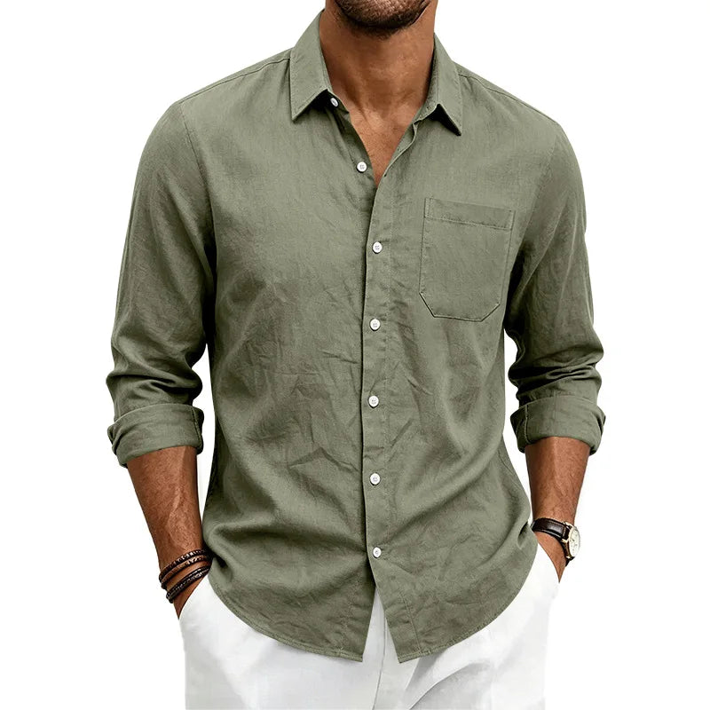 Casual Men's Loose Linen Lapel Pocket Button Casual Vacation Solid Color Long Sleeve Shirt Men's