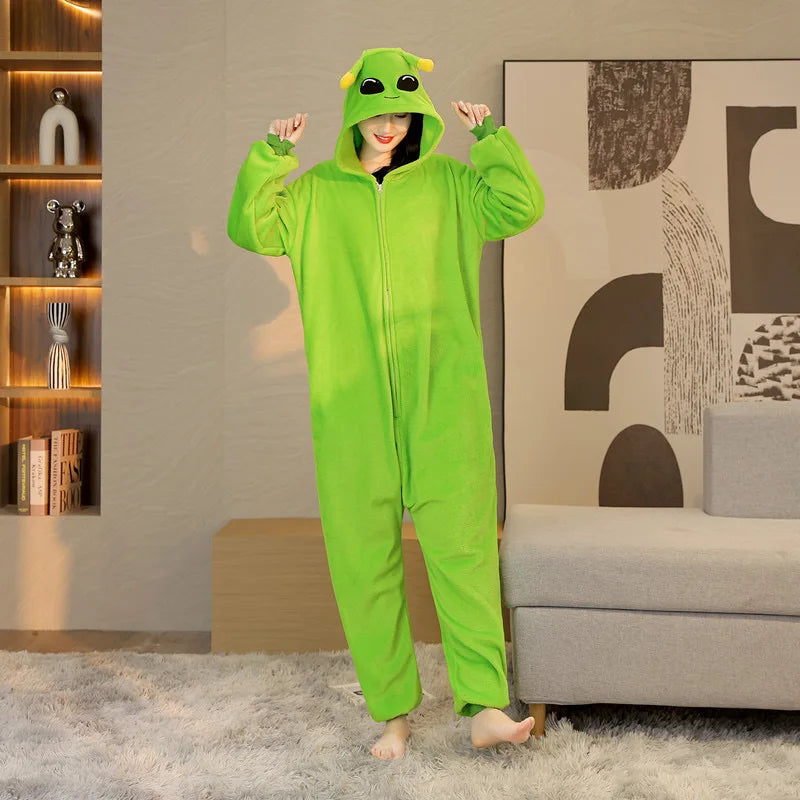 Unisex Alien Onesie Cosplay Pajamas Halloween Costume Winter Adults Kigurumi Unicorn Animal Sleepwear Green Flannel Nightwear