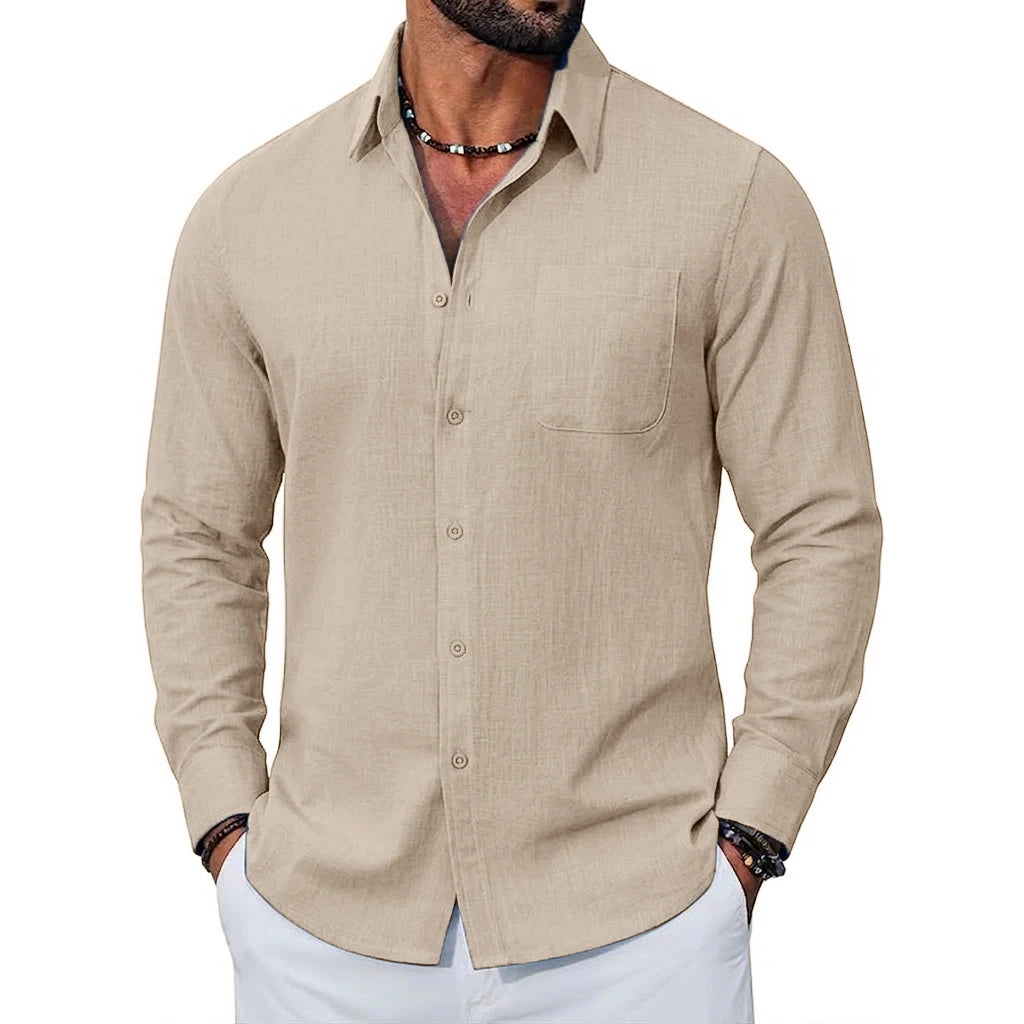 Mens New Premium Long Sleeve Linen Shirts Breathable Cotton Tops Elegant Lapel Button Hawaiian Tees Perfect Wear for Modern Men
