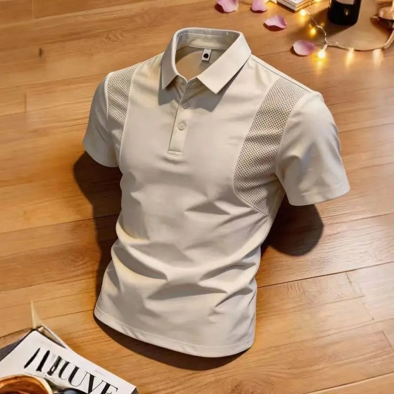 Men's Polo Shirt Short Sleeves Casual Patchwork Mesh Breathable Lightweight Button T-shirt Thin Solid Business Sporty T Shirt
