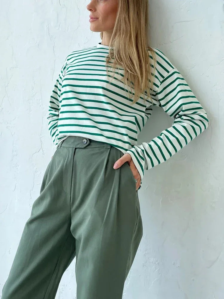 Wolfeel 2025 Summer Long Sleeve Striped T-Shirts Women Basic Casual Tops Female Cozy Loose Cotton Tees Harajuku T Shirt New