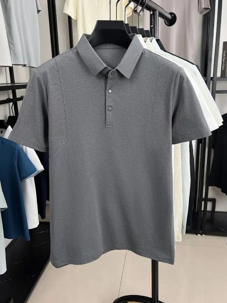 Men's Polo Shirt Short Sleeves Casual Patchwork Mesh Breathable Lightweight Button T-shirt Thin Solid Business Sporty T Shirt