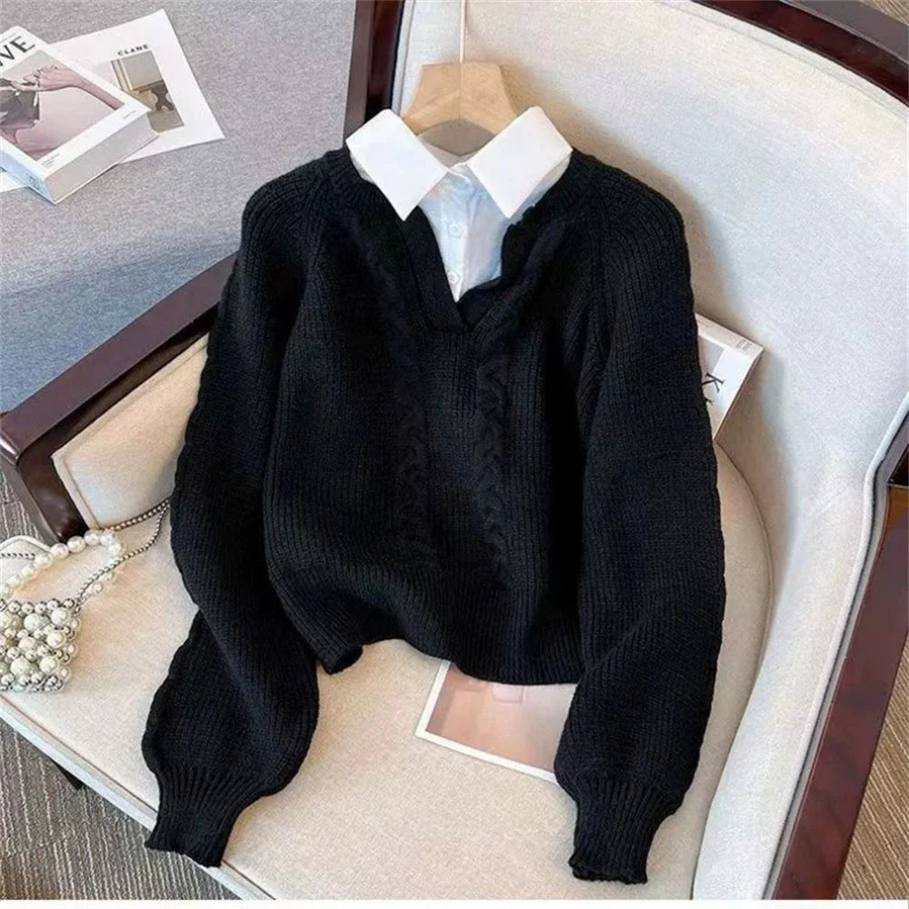 2025 Fashion New Casual Fall Winter Fake Two-piece Knitted Top for Women Autumn and Winter Long Sleeves Sweater for Women Tops