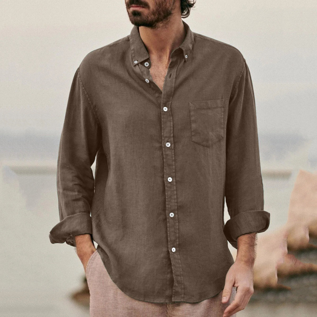 Men's Cotton Poly Linen Long Sleeve Shirt Summer Breathable Button Down Casual Loose Shirt With Chest Pocket Beach Vacation Tops