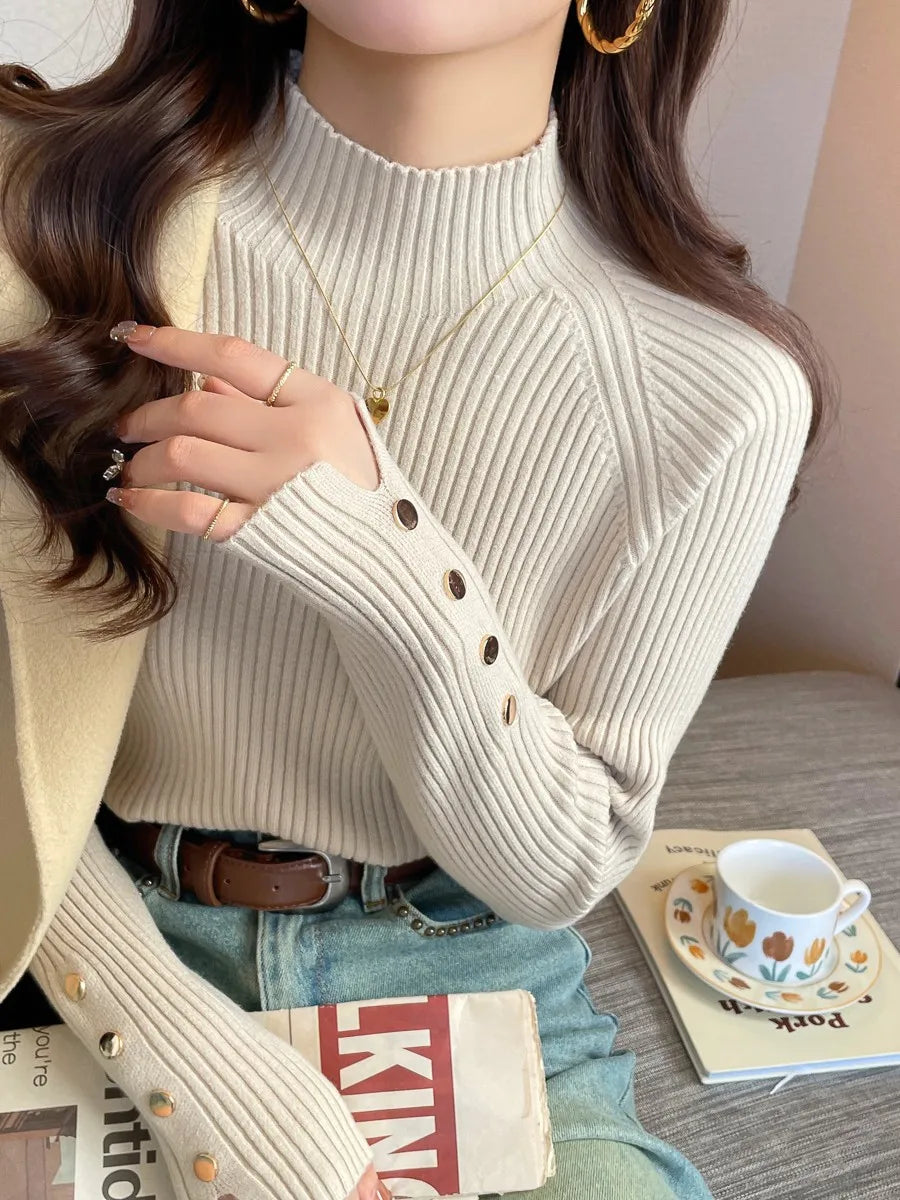 2026 Autumn Winter Sweater Women Pullovers Long Sleeve Tops Clothes Slim Knit Soft Jumper Streetwear Button Turtleneck Sweater