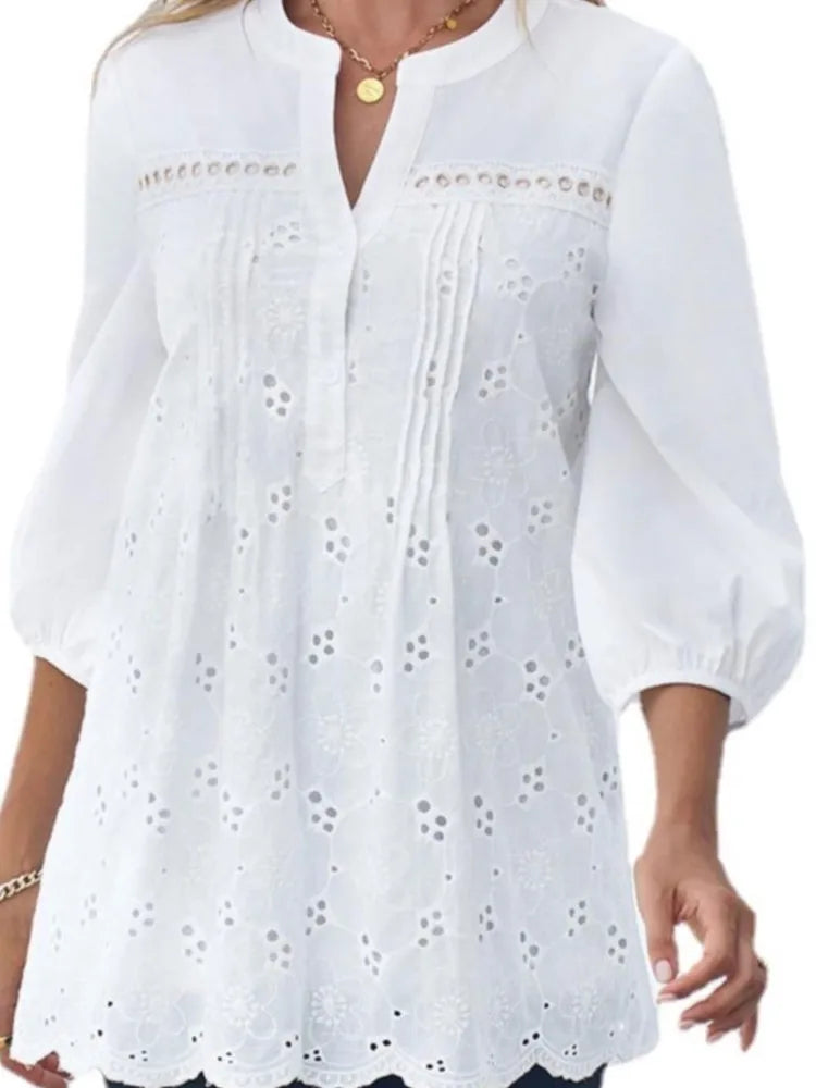 Women's Fashion Shirt Top White Lace Hollow Out V-Neck Pullover Casual Loose Shirt Tops Summer Elegant Office Womens Clothing