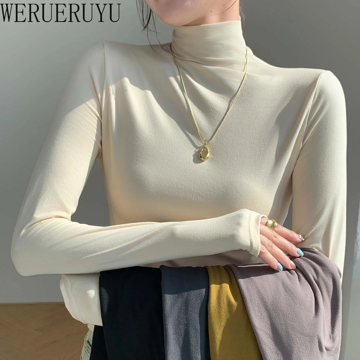 Turtleneck Elastic T-shirts for Women Y2k Clothes Long Sleeve White Tops Autumn Winter Casual Solid Color Slim Women T-shirt New