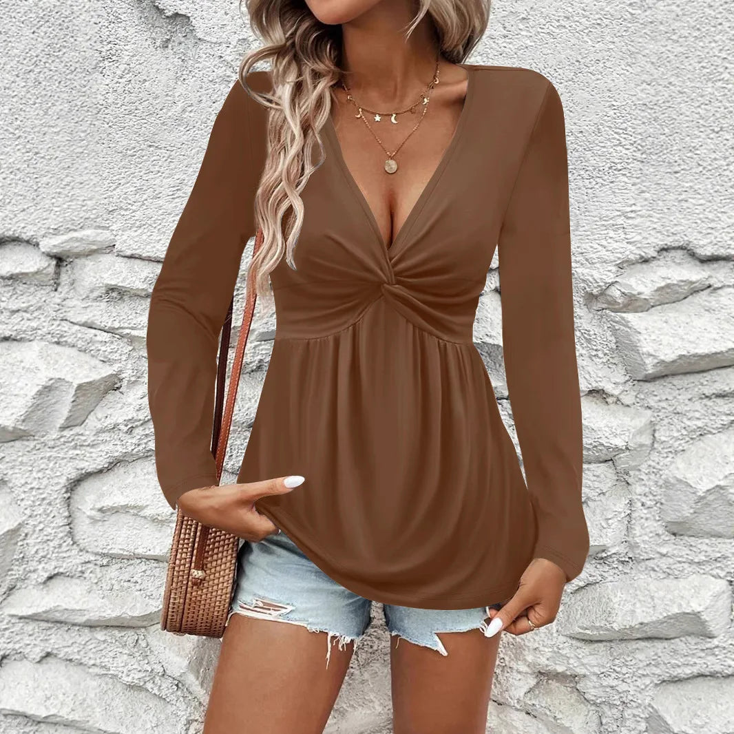 2025 New Women'S Long Sleeve T Shirts Fall Casual Tops Trendy Kink Solid Colors Blouses Autumn Pullover Clothes Camiseta Mujer