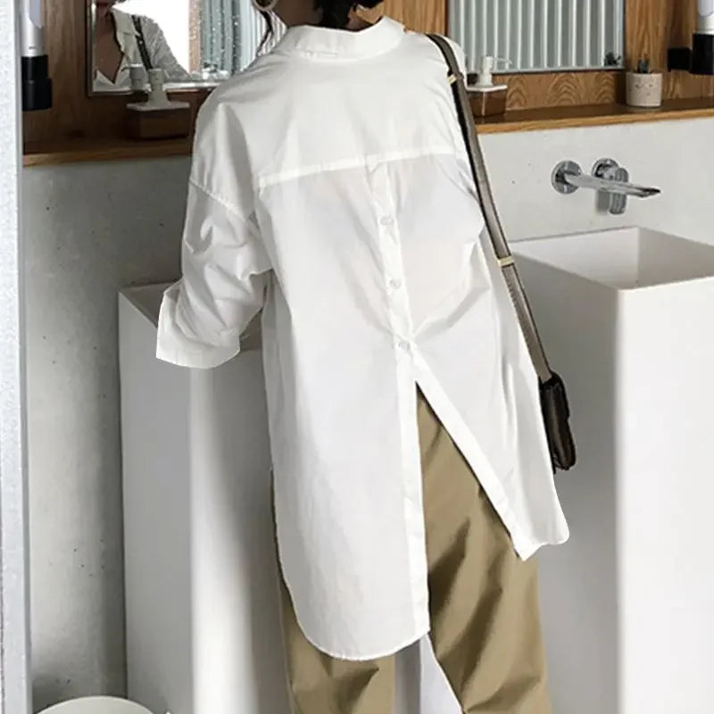 2025 Summer Fashion Women Shirts White Tunics Blouse Long Sleeve Top Casual Solid Button Loose Tops