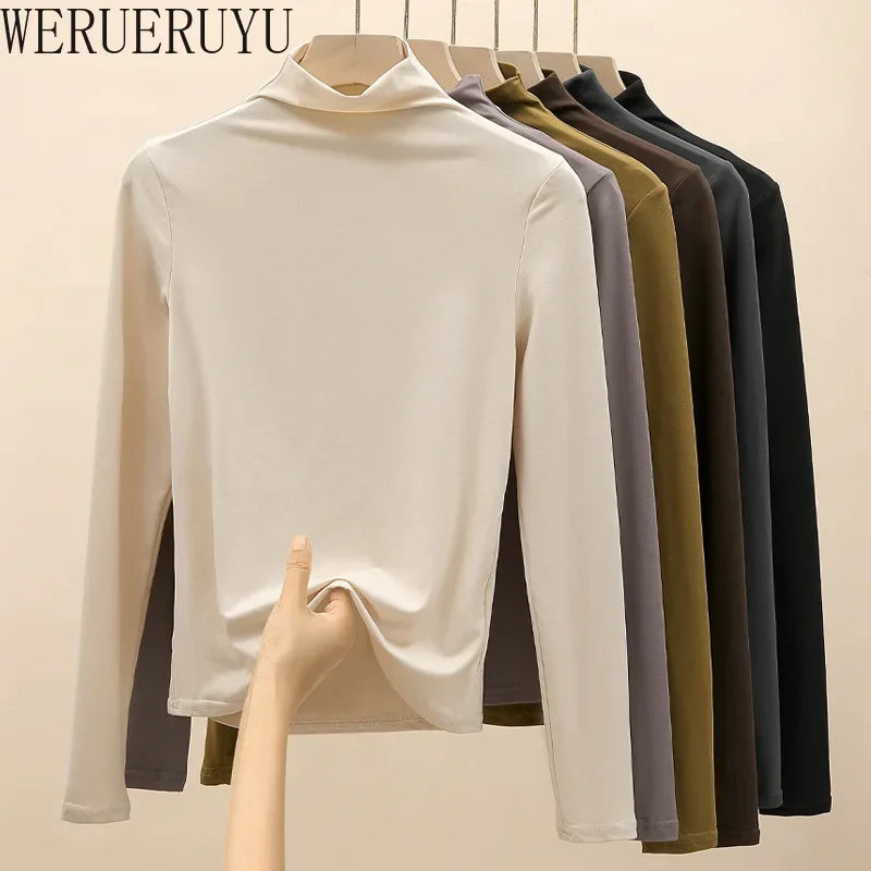 Turtleneck Elastic T-shirts for Women Y2k Clothes Long Sleeve White Tops Autumn Winter Casual Solid Color Slim Women T-shirt New