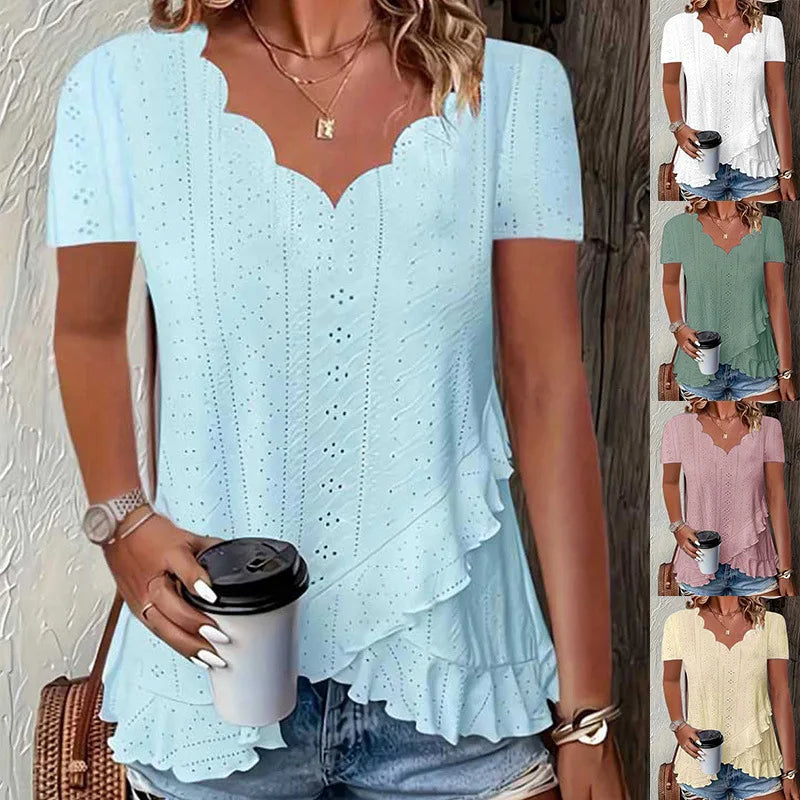 Women's Fashion Blouses Summer 2025 Ruffles Loose Hollow Out Tops Casual Solid Colors Wave V-Neck Short Sleeve White Shirts Lady