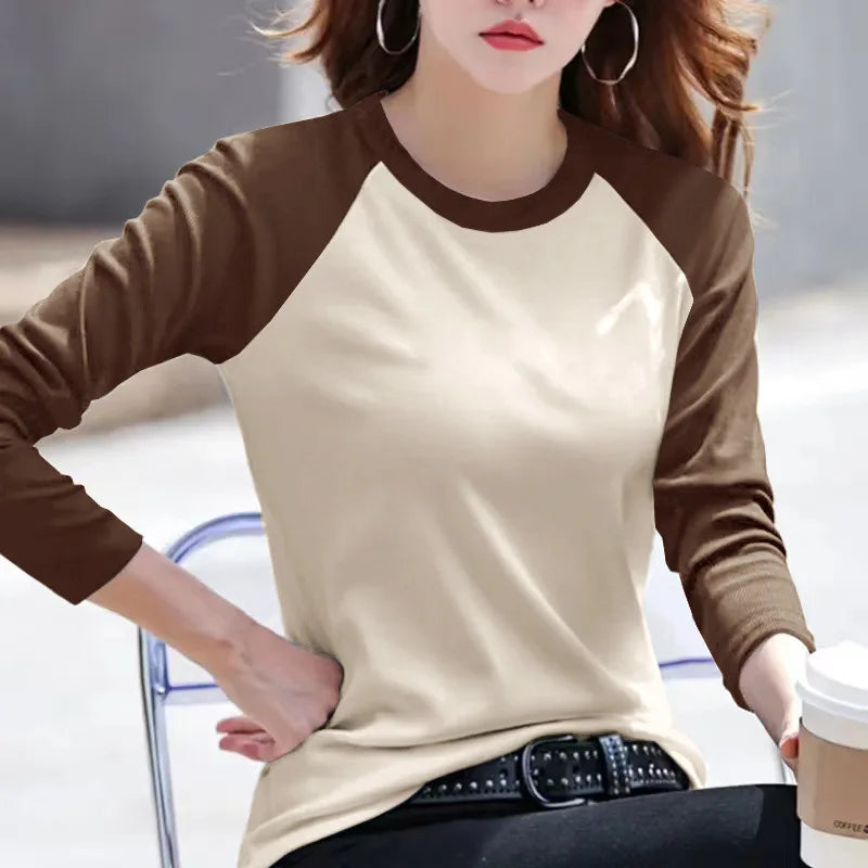 Long Sleeve T-shirt Womens Y2k Clothes Autumn Winter Harajuku Casual Tops Solid Color Stitching Elegant T-shirts for Women 2025