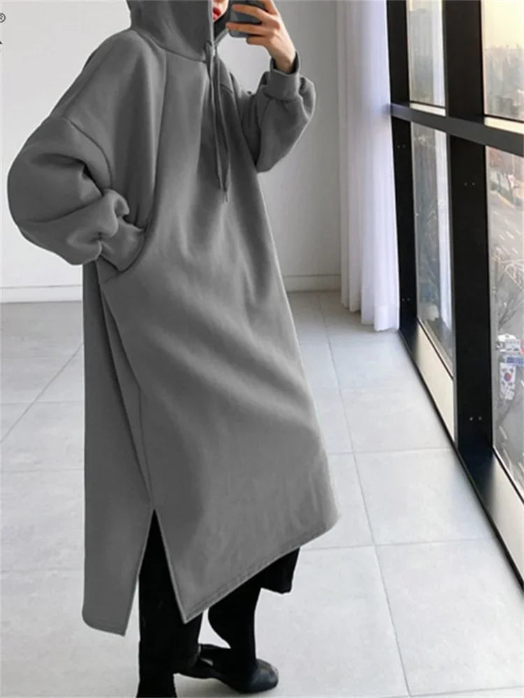 Fleece Lined Long Hoodies Women Autumn Winter Fashion Casual Solid Loose Long Sleeve Hood Pullover Tops Y2K Female Sweatshirts