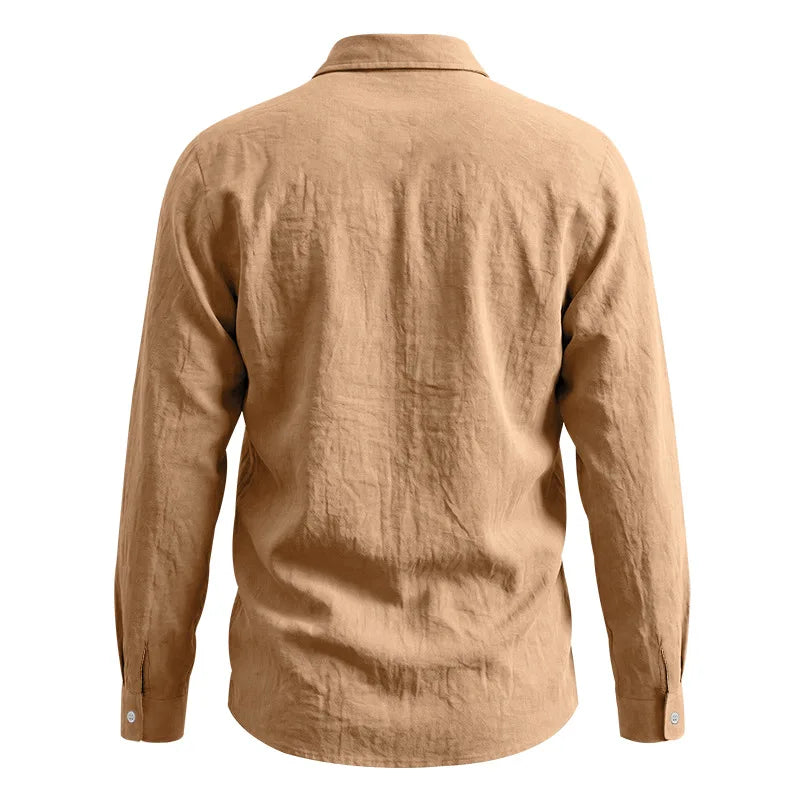 Casual Men's Loose Linen Lapel Pocket Button Casual Vacation Solid Color Long Sleeve Shirt Men's