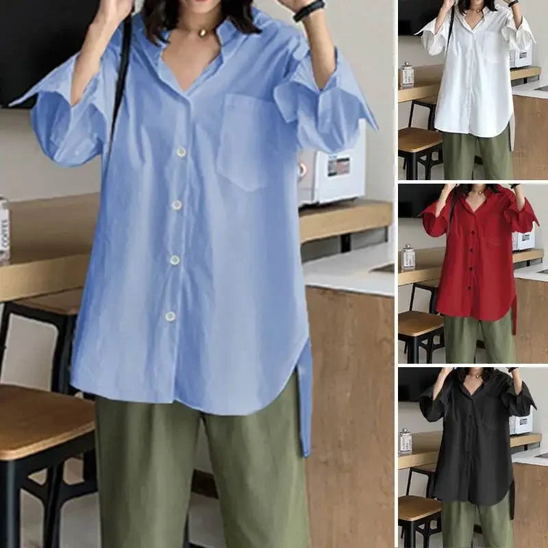 2025 Summer Fashion Women Shirts White Tunics Blouse Long Sleeve Top Casual Solid Button Loose Tops