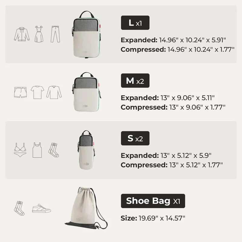 BAGSMART Compression Packing Cubes Expandable Travel Set Storage Bag 6 Pcs Travel Organizer Luggage Carry Suitcase