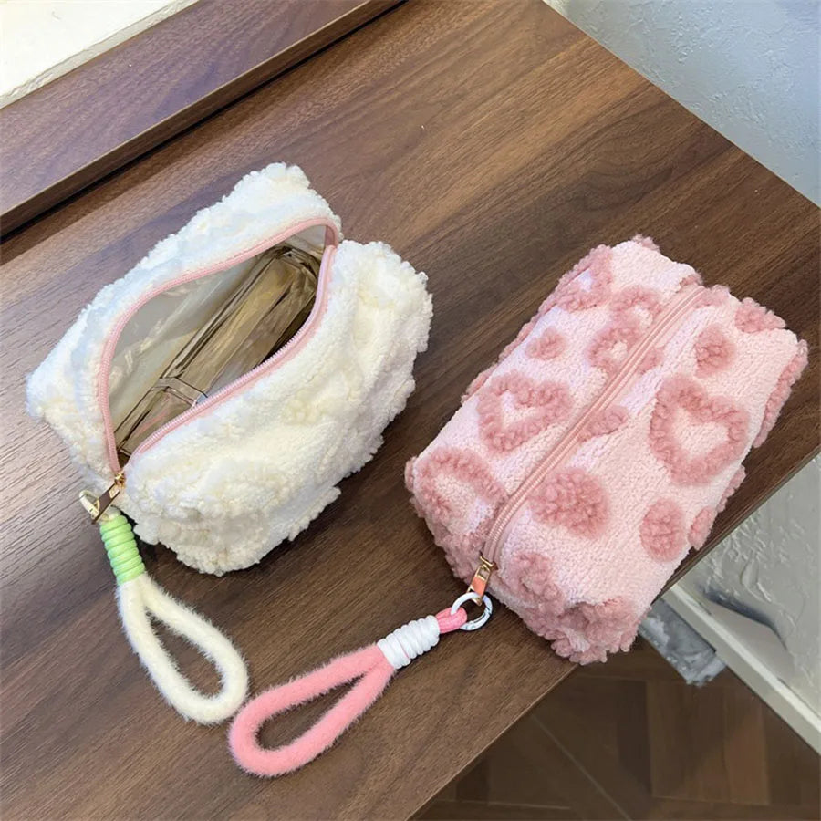 Plush Makeup Bags with Handle Soft Travel Cosmetic Storage Bag Portable Love Print Organizer Pencil Case Cute Clutch Pouch