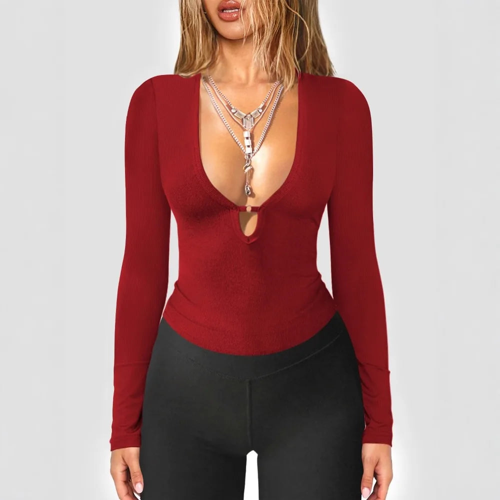 2025 Fall Winter New Fashion Women's Tops T-shirt V-neck Hollow Out Sexy and Fashionable Slim Fit Long Sleeved Y2k Clothing