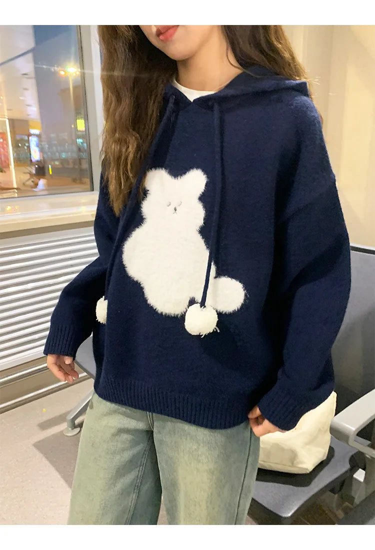 Cartoon Hooded Long Sleeve Sweater 2025 Autumn New Design Loose Top for Women