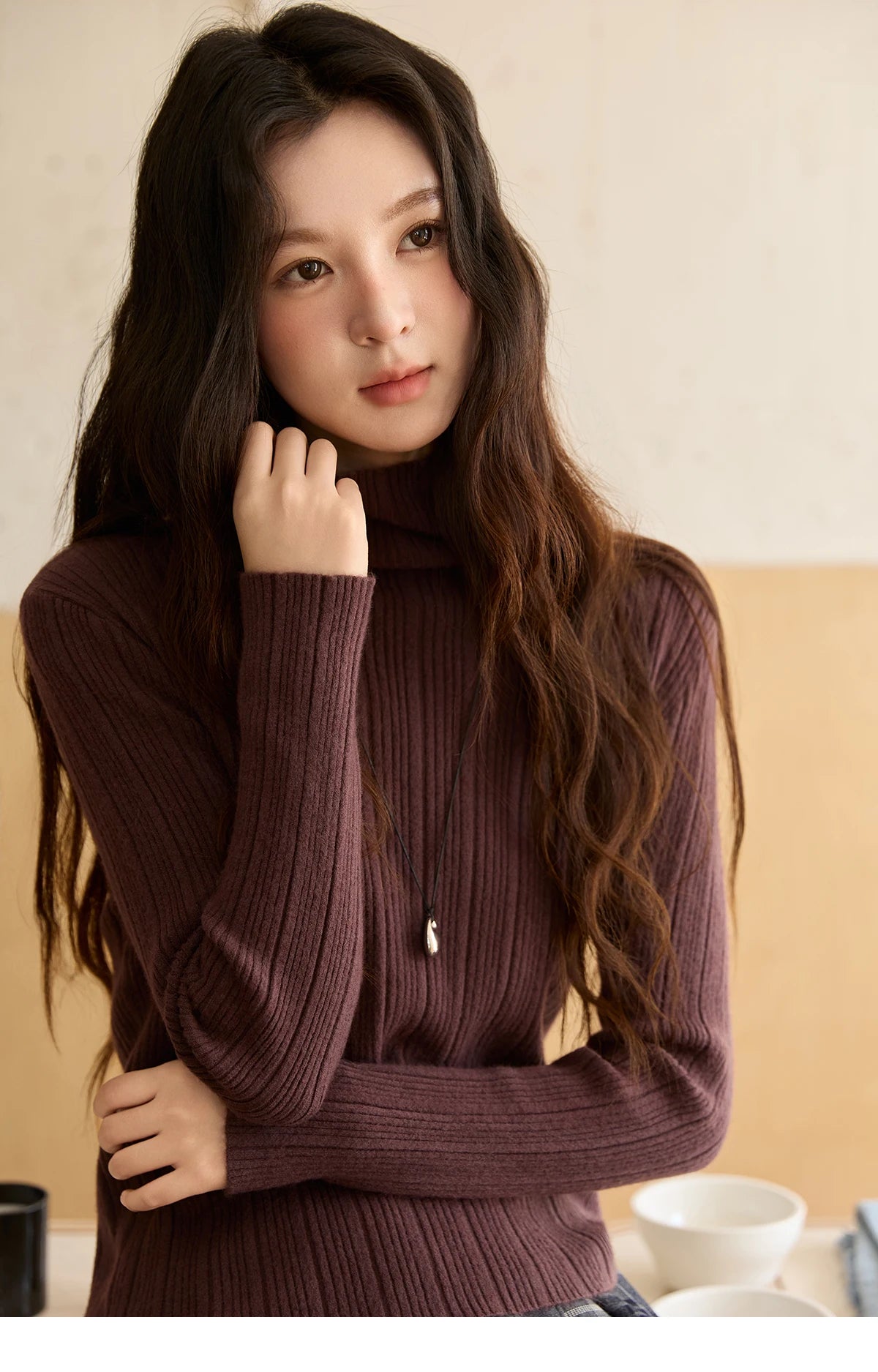 MISHOW Women's Long-sleeved Tops 2025 Winter Simple Solid Turtleneck Sweater Vertical Ribbed Slim Fit Casual Top MXE86Z2656