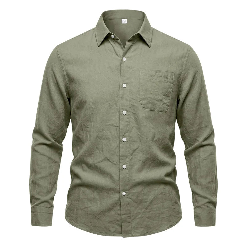 Casual Men's Loose Linen Lapel Pocket Button Casual Vacation Solid Color Long Sleeve Shirt Men's