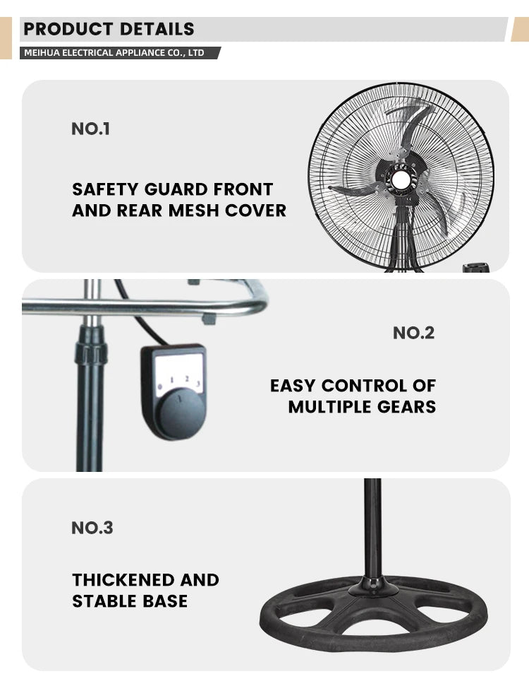 18\" Pedestal Floor & Wall Fan with Aerodynamic Blades 3 Speeds Mechanical Control Electric Power Source Metallic Finish