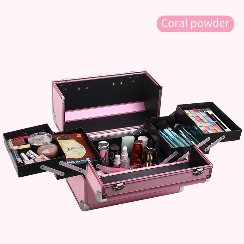 Makeup train case large portable cosmetic cases 4 trays professional makeup storage organizer box make up box