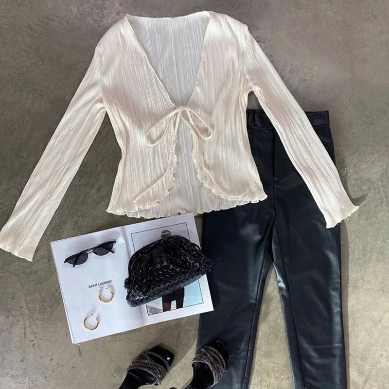 2025 Women Pleated Plain Shirts Spring Fall Chic Long Flare Sleeve V- Neck Tie Up Cardigans Tops for Casual Party Street