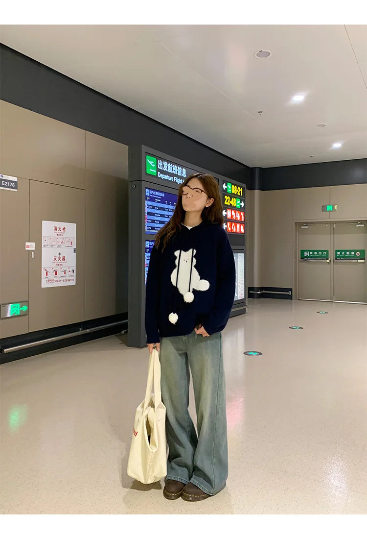 Cartoon Hooded Long Sleeve Sweater 2025 Autumn New Design Loose Top for Women